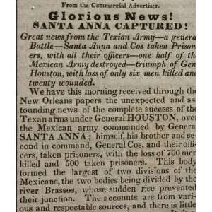  1836 Newspaper After Alamo Capture of Santa Ana: Home 