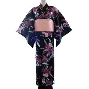  Kimono Yukata Black & Purple Lily Flower + Obi Belt: Toys 
