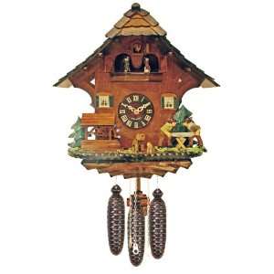   Clock with Dancers, Men Saw Wood And Waterwheel Turns, 14 Inch Tall