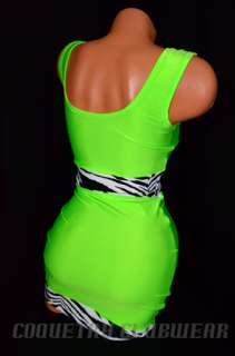 Neon Green Zebra Print UV GLOW Sexy Clubwear Lycra Spandex Mini Dress 