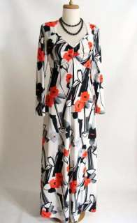 vintage 70s Black White Gray Red Poppy Flower Floral Keyhole Maxi 