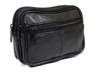 Black Leather Triple Zipped Belt Purse Money Coin Pouch  