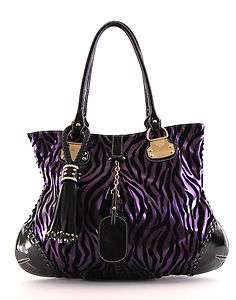 Louise PURPLE Velvet Zebra Design Tasseled Oversized Satchel Bag Purse 