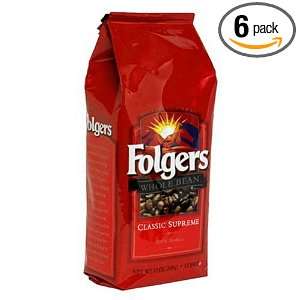 Folgers Classic Supreme Coffee, Whole Bean, 12 Ounce Bags (Pack of 6 