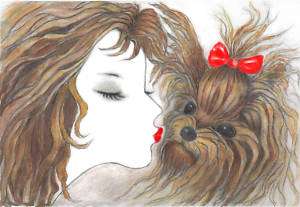WATERCOLOR PAINTING OF KISSING YORKSHIRE TERRIER 5X7  