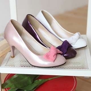 Womens Pretty Shiny PU Leather Pumps Fashion Mid Heels Cute Bow Shoes 