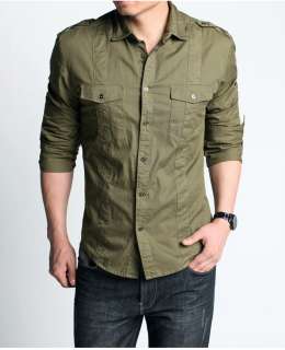 Mens Military Style Shirt / Slim Fit Casual Shirt / 100% Cotton Army 