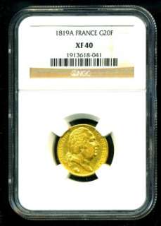 1819 A FRANCE LOUIS XVIII GOLD COIN 20 FRANCS * NGC GEM  