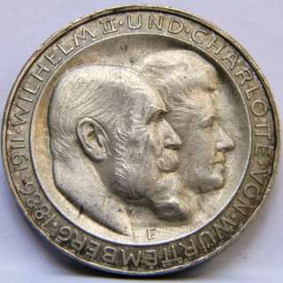   Empire Wurttemberg 1911 F Wedding Anniversary silver 3 Mark; toned UNC