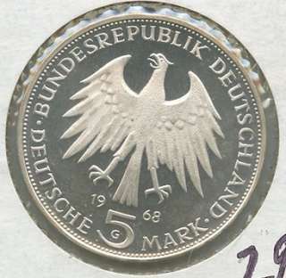 1968 G GERMANY JOHANNES GUTENBERG 5 FIVE MARK SILVER PROOF COIN 