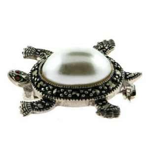    Vintage Inspired Simulated Pearl Turtle Pin with Marcasite Jewelry
