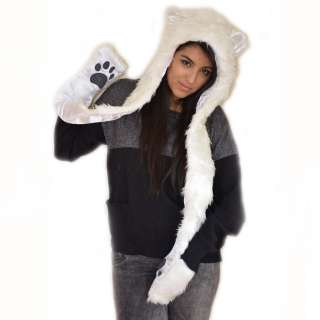 New Winter Trend Faux Fur Animal Ears Hat Snood Scarf Paws Mitten 