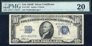 1934B $10.00 SILVER CERTIFICATE **STAR** P.M.G #20  
