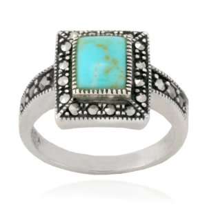 Sterling Silver Marcasite and Lab Created Turquoise Rectangular Ring 