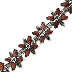    Sterling Silver Marcasite Genuine Garnet Flower Bracelet: Jewelry