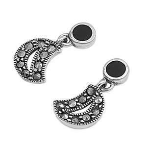  Sterling Silver Onyx & Marcasite Moon Dangling Earrings Jewelry