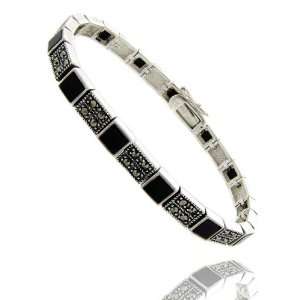    Sterling Silver Black Onyx and Marcasite Square Bracelet: Jewelry