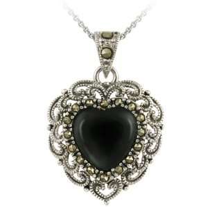    Sterling Silver Onyx & Marcasite Filigree Heart Necklace: Jewelry