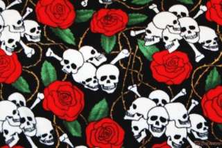 Goth Skulls Xbones Roses Blk Anti Pill Fleece Fabric BTY  