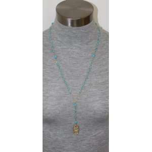  Eli K 3d Gold Plate / Turquoise Beads Hasma Hand Long Y 