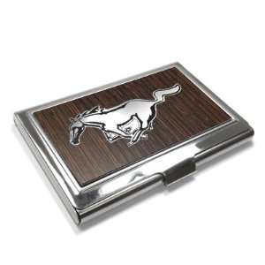 Ford Mustang Walnut Wood Finish Stainless Steel Business Card Holder 