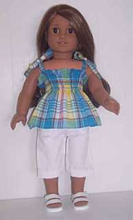 DOLL CLOTHES FITS AMERICAN GIRL BLUE PLAID TOP & CAPRIS  