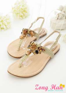 Perfect Jeweled Flat Sandals Beige Blue Free Shipping  