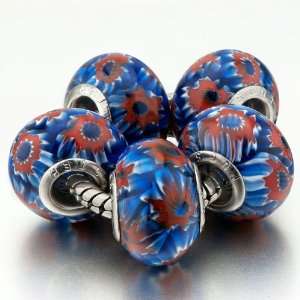 Pugster Handcrafted Deep Blue Red Flower Pattern Beads (5 Pack )  Fit 