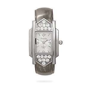   Pewter Tone Fashion Cuff Watch with Square Face and Crystals Jewelry