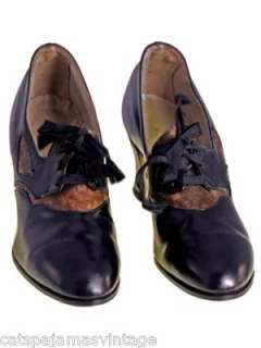 Vintage Black Leather Oxford Heel Snake Acc Walk Over 1920s NIB Size 
