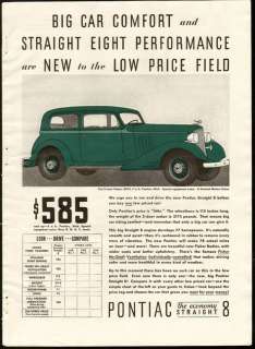 1933 Print Ad PONTIAC the Economy Straight 8 $585.00 Big car comfort 