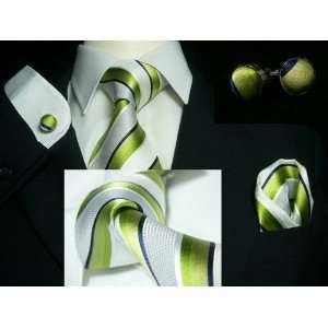  Landisun 305 Light Green White Stripes Mens Silk Tie Set 