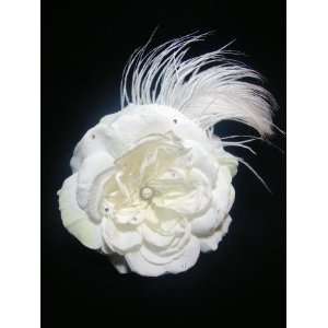  NEW Large White Rose with Feathers Hair Flower Clip and 