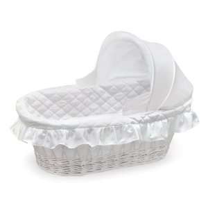  White Wicker Moses Basket With Hood and White Bedding 