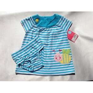   Cotton Knit Dress Set   Blue/White Stripe with Bee   6 Months: Baby