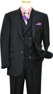 Navy Blue With Mauve Double Windowpanes Super 140S Wool Vested Suit 