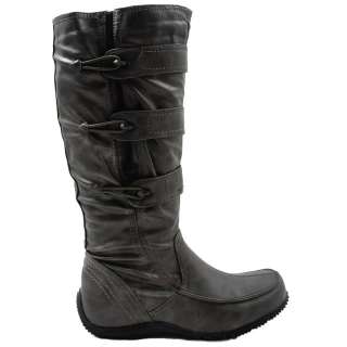  Leather Style Wide Calf Adjustable Toggle Knee High Flat Boots  
