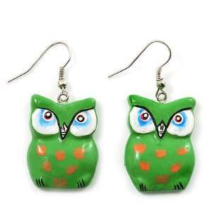  Green Wood Owl Drop Earrings   4.5cm Length: Jewelry
