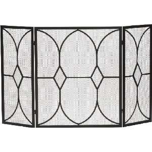  3 Fold Screen Black Wrought Iron With Glass Inserts: Home 
