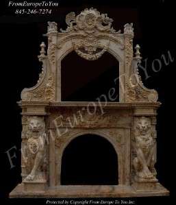 HAND CARVED LION MARBLE TRAVERTINE FIREPLACE MANTEL #FPM54  