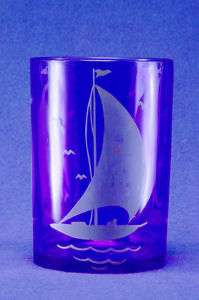 sailboat depression cobalt blue w/3 sailboats 3 5/8  