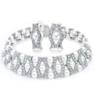   Faux Pearl Crystal Waved Bridal Choker Necklace Earrings Set: Jewelry