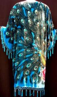 Kimono Opera Coat Duster Beaded Silk Burnout Velvet Peacock Turquoise 