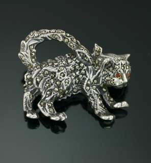 Vintage Sterling Silver Marcasite Cat Kitty Orange Stone Pin Curled 