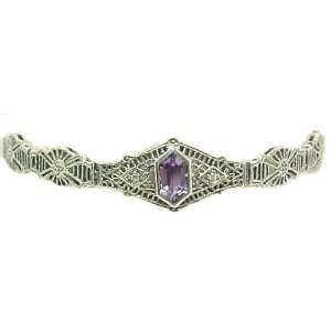Art Deco Style Sterling Silver Amethyst and Diamond Filigree Bracelet