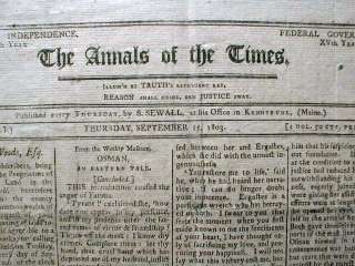 Very Rare 1803 KENNEBUNK Maine NEWSPAPER   Volume I issue   208 years 