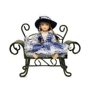 Collectable Porcelain Doll on Park Bench with Blue Patchwork Dress, 5 