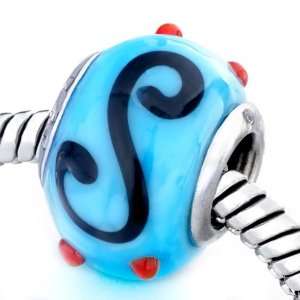 Blue Against Black Stripes Red Dots Murano Glass Beads Fits Pandora 