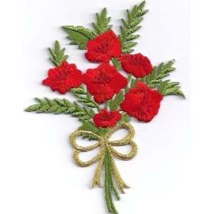  Red Rose Bouquet w/Gold Bow   Iron OnEmbroidered Applique 