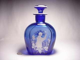   BLUE MARY GREGORY MONK CAMEO ART GLASS HORSESHOE DECANTER!  